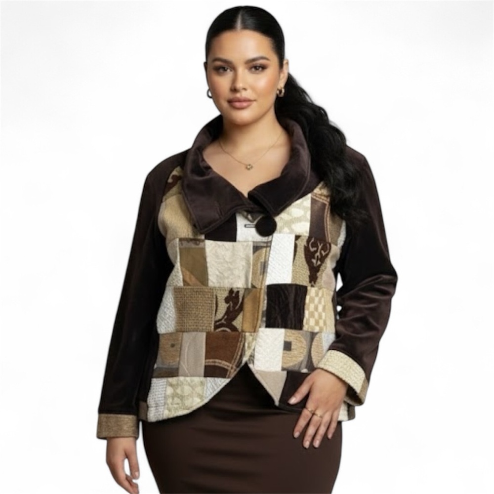 Material Girl Quilted Velvet Brown & Cream High Neck 2 Button Jacket Size Medium